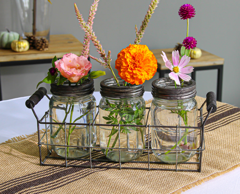Wire Basket with 3 Glass Mason Jars with Frog Lids