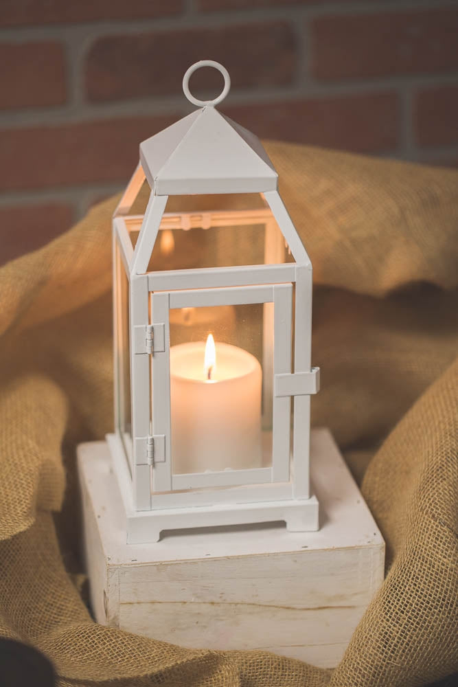 Richland White Contemporary Metal Lantern with Clear Glasses - Small