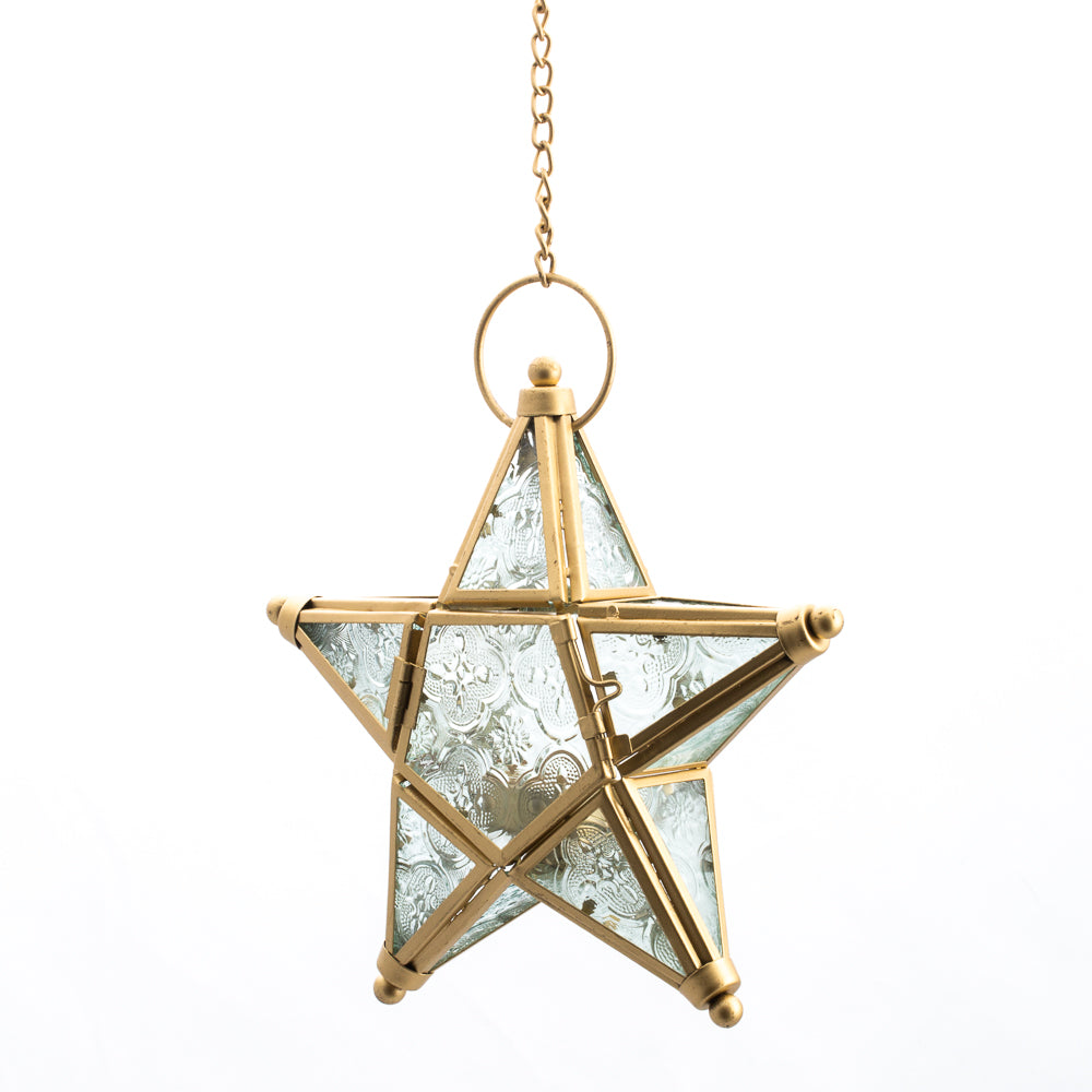 Richland Hanging Star Metal Tealight Lantern Gold with Clear Embossed Glass - view 1