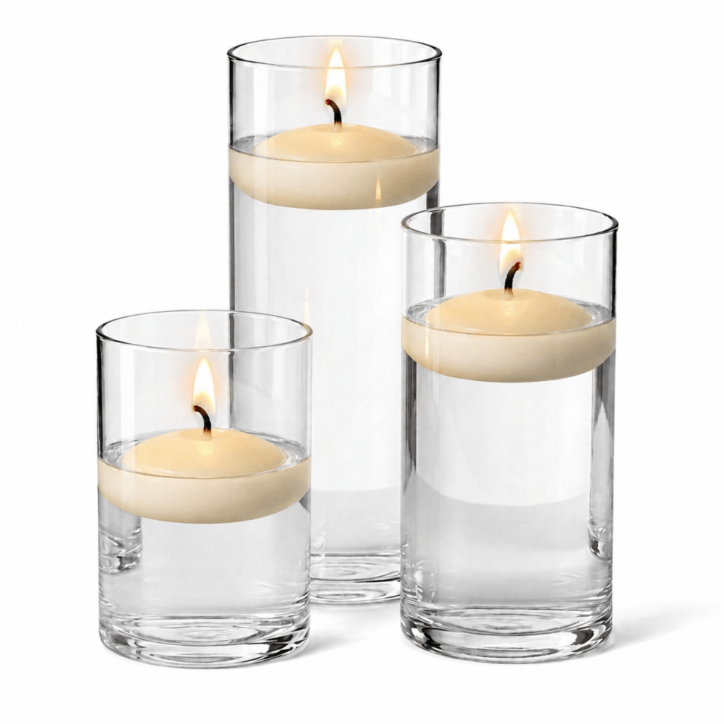 Cylinder Vase Centerpiece & Richland 3" Floating Candles Set of 18