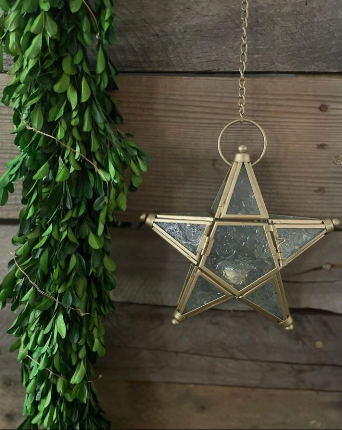 Richland Hanging Star Metal Tealight Lantern Gold with Clear Embossed Glass
