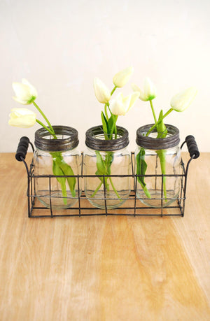 3 of 3: wire basket with 3 glass mason jars with frog lids