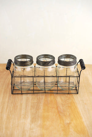 1 of 3: Wire Basket with 3 Glass Mason Jars with Frog Lids