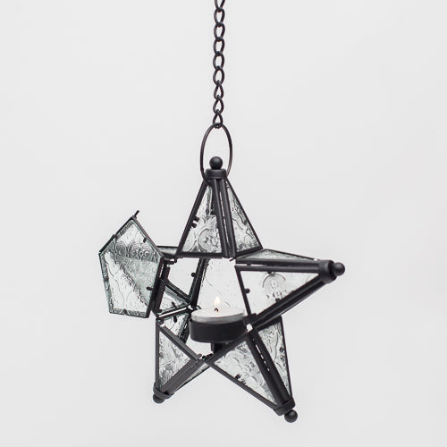 richland hanging star metal tealight lantern with clear embossed glass - view 3