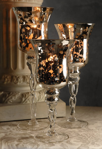 3 Silver Mercury Glass Pedestal Candle Holders  16", 14", 12" - view 1